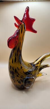 Large Art Glass Rooster Figurine 10" Amber Black Red Heavy Chicken Farmhouse